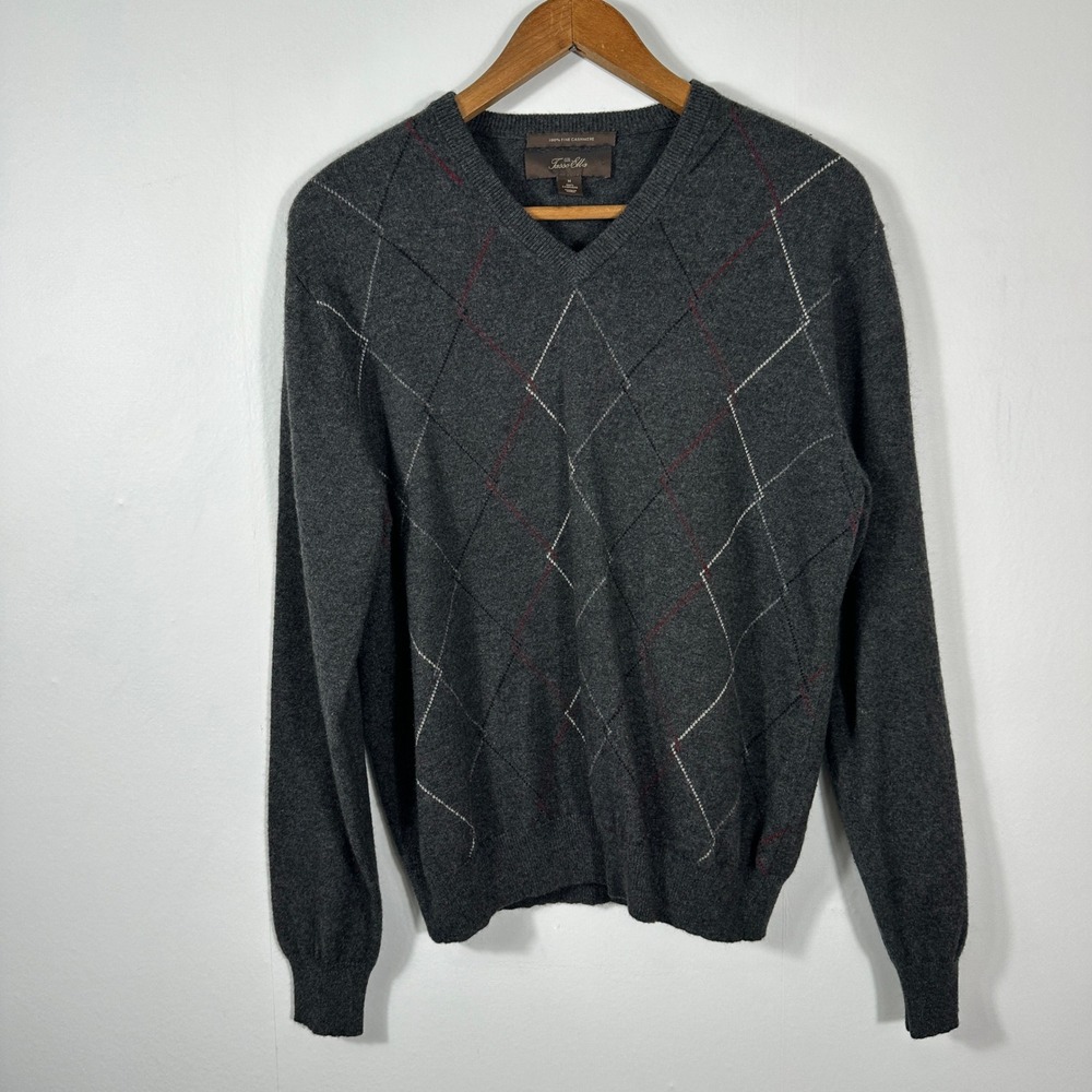 Tasso Elba V-Neck Sweater Mens M Gray Excellent 100%‎ Cashmere Argyle Knit